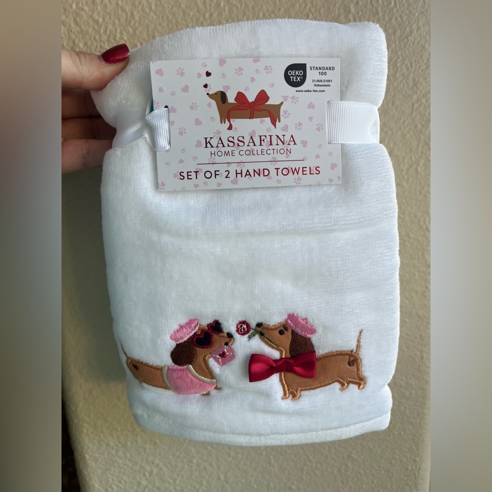 White Valentine’s Hand Towels with Pink and Red Dachshund Design